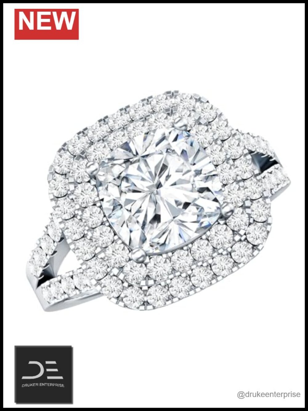 Sterling Silver 925 3ct Cushion Cut Zircon Double Halo Engagement Ring
